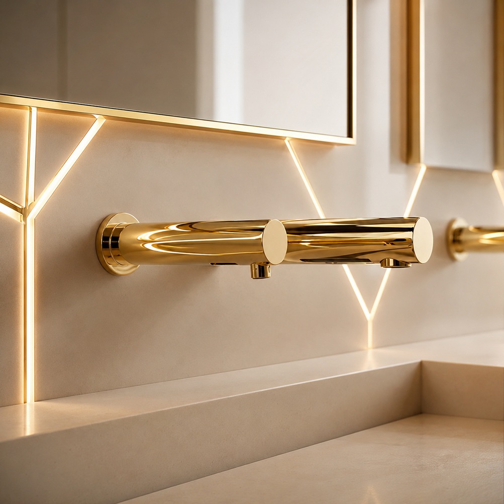 Polished gold wall-mounted cylindrical touchless faucet model installed above a modern stone sink with illuminated mirror and geometric accent lighting